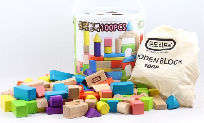 Kids Wooden Block Toy w/Eco-Bag and Storage